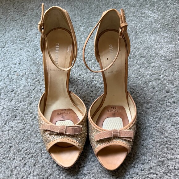 Miu Miu Gold Glitter Strappy Open Toe Heels - Picture 4 of 7